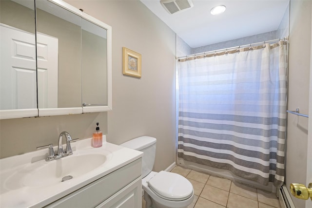 bathroom featuring vanity, visible vents, a baseboard radiator, tile patterned floors, and toilet