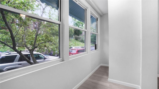 corridor featuring a wealth of natural light, baseboards, and wood finished floors