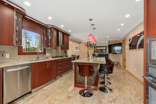 kitchen with a sink, tasteful backsplash, stainless steel appliances, wall chimney exhaust hood, and crown molding