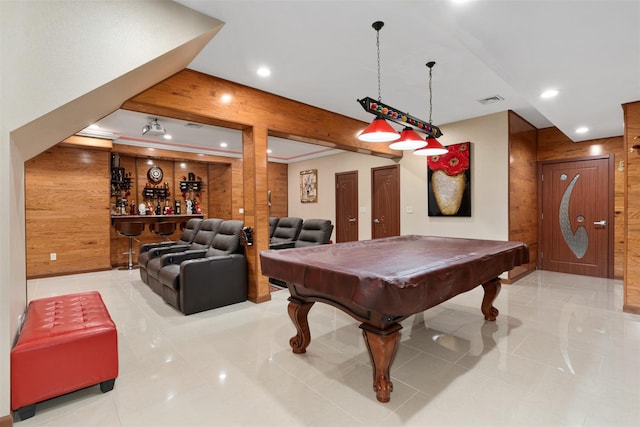 rec room with billiards, visible vents, recessed lighting, wood walls, and a dry bar