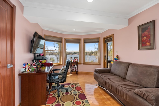 office featuring recessed lighting, light wood-type flooring, and ornamental molding