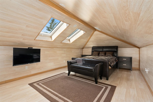 bedroom featuring wood walls, wood ceiling, lofted ceiling, and wood finished floors