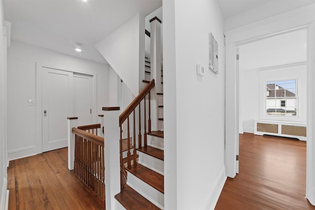 staircase featuring radiator heating unit and wood finished floors