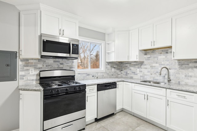 kitchen with backsplash, electric panel, appliances with stainless steel finishes, white cabinetry, and a sink