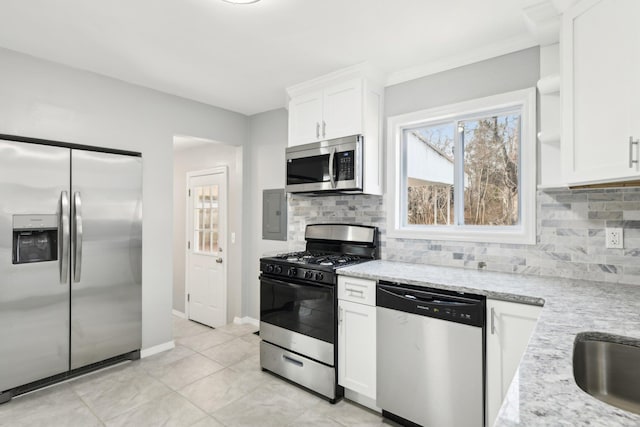 kitchen featuring decorative backsplash, white cabinets, and appliances with stainless steel finishes