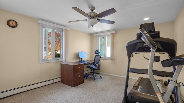 workout room featuring recessed lighting, baseboards, light carpet, and baseboard heating