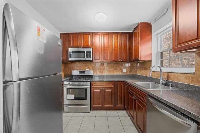 kitchen featuring a sink, stainless steel appliances, dark countertops, and backsplash