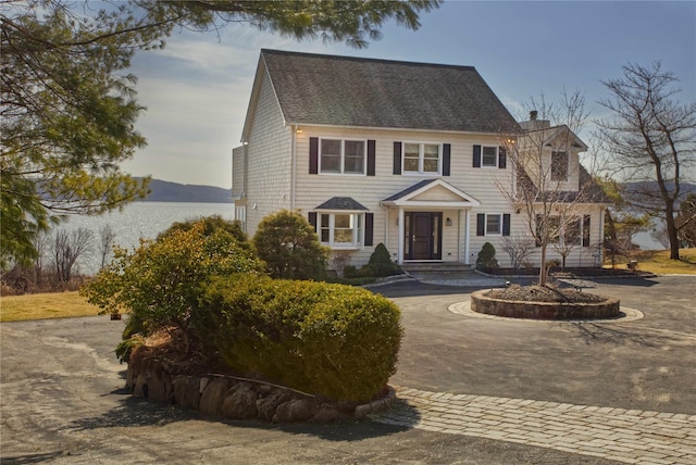 view of front of home featuring a shingled roof and a chimney