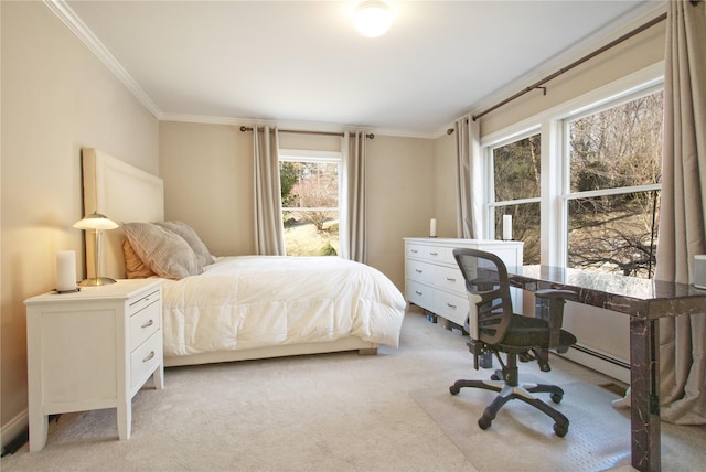 bedroom featuring light colored carpet and crown molding