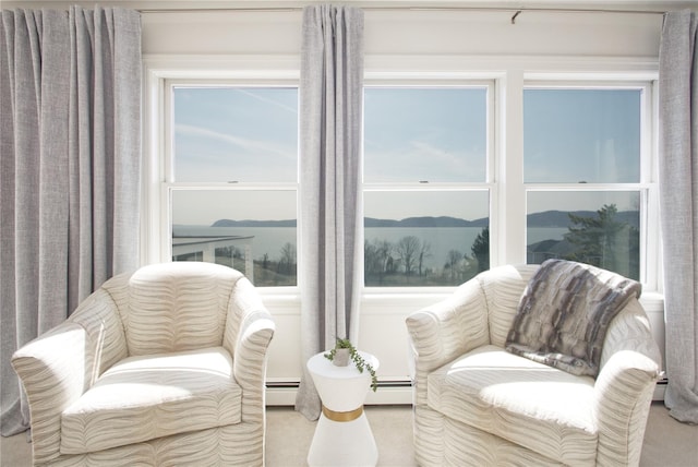 sitting room with baseboard heating, a mountain view, and a baseboard heating unit