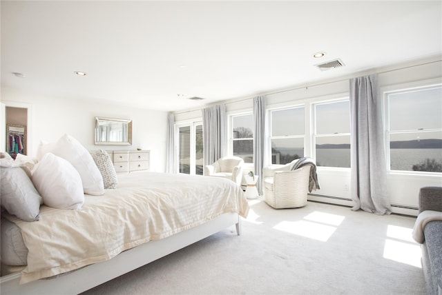 bedroom with recessed lighting, visible vents, carpet floors, and access to outside