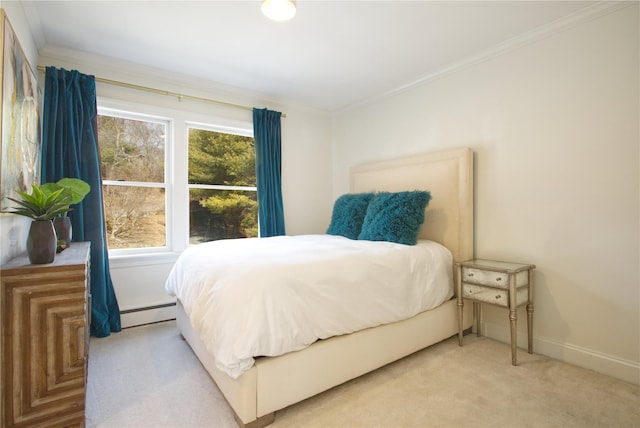 bedroom with crown molding, light colored carpet, baseboards, and baseboard heating