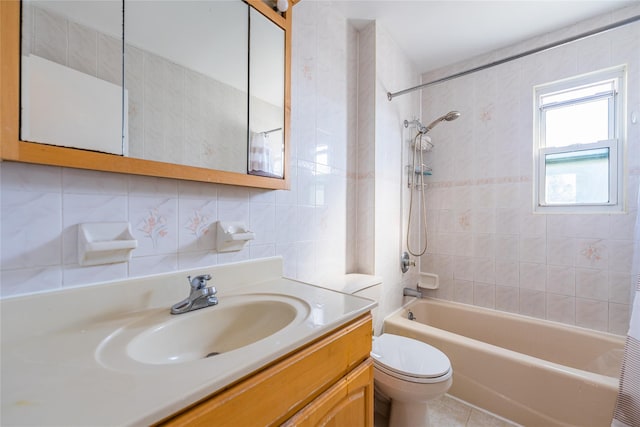 full bathroom with shower / tub combo with curtain, toilet, tasteful backsplash, tile walls, and vanity