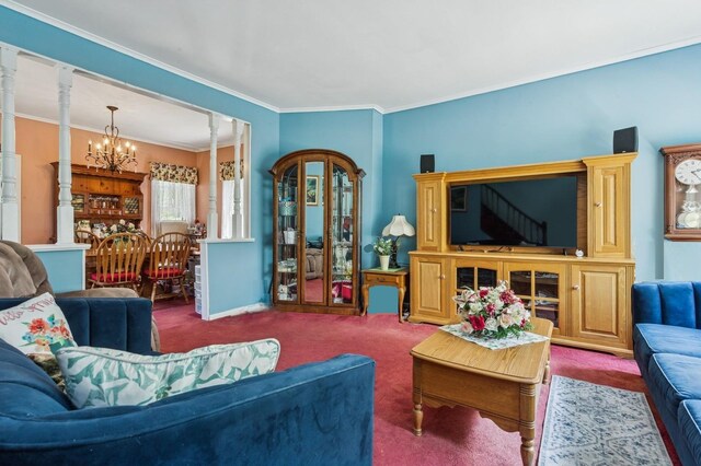 73 Spruce Ave, Floral Park, NY 11001 - carpeted living area with a chandelier, ornamental molding, and ornate columns