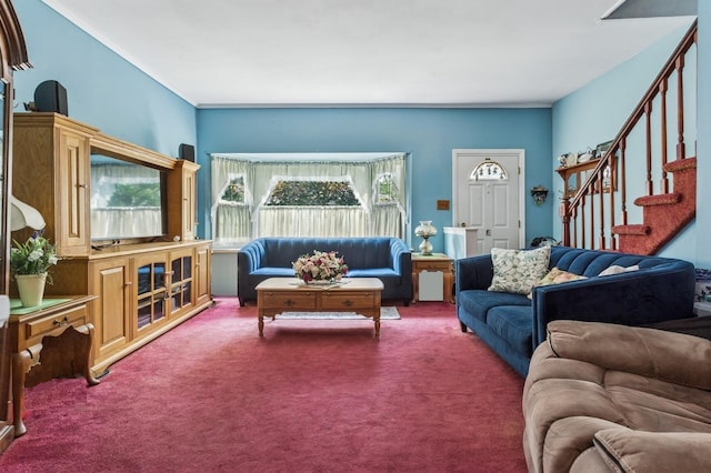 73 Spruce Ave, Floral Park, NY 11001 - carpeted living area with stairs and ornamental molding