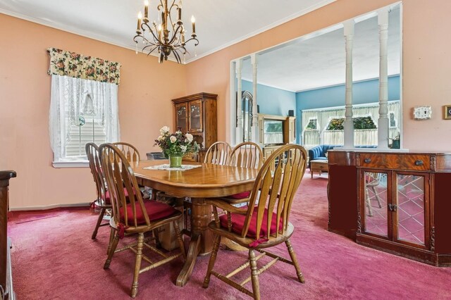 73 Spruce Ave, Floral Park, NY 11001 - dining room with carpet, a chandelier, and ornamental molding