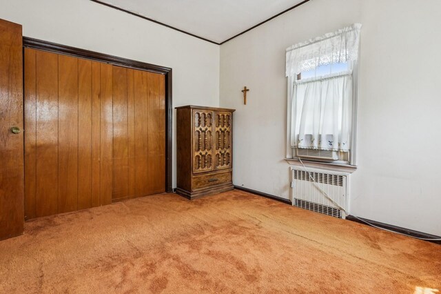 73 Spruce Ave, Floral Park, NY 11001 - carpeted bedroom featuring radiator heating unit and crown molding
