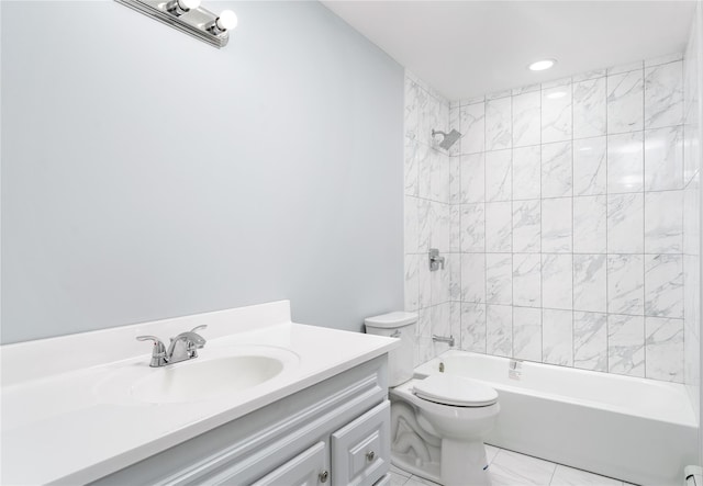 full bathroom featuring tub / shower combination, toilet, recessed lighting, marble finish floor, and vanity