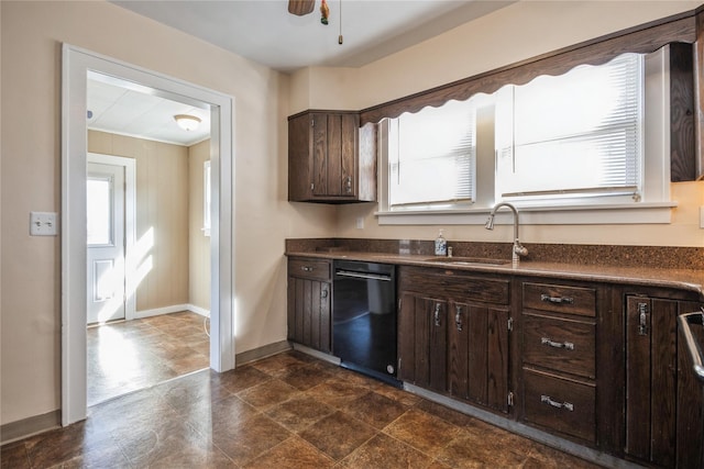 kitchen featuring baseboards, a sink, dark brown cabinets, dishwasher, and dark countertops