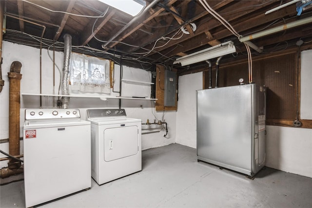 washroom with laundry area, electric panel, and washing machine and clothes dryer