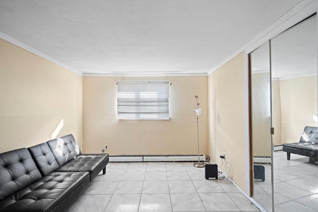 living area with light tile patterned floors, baseboard heating, and ornamental molding