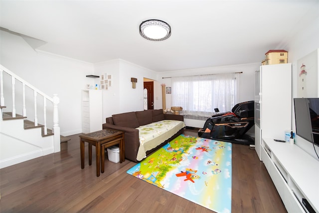 living area with ornamental molding, dark wood-style floors, radiator heating unit, stairway, and baseboards