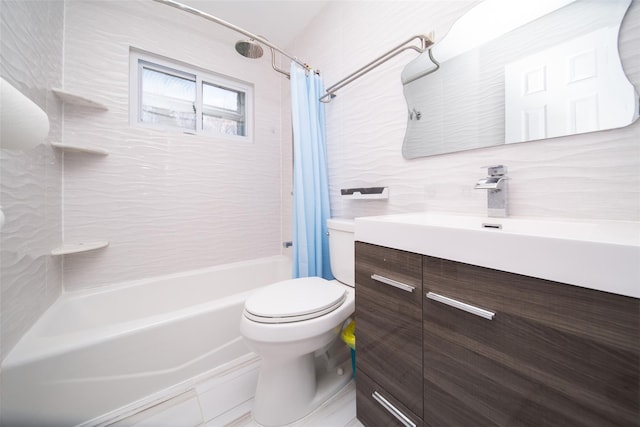 bathroom with backsplash, tile walls, toilet, shower / bath combo with shower curtain, and vanity