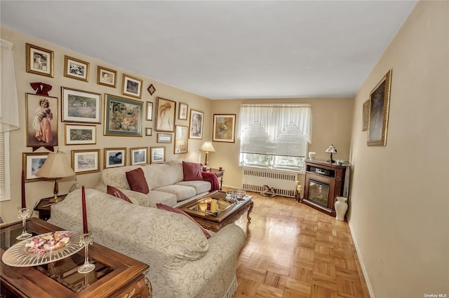 living area with baseboards, radiator, and a glass covered fireplace