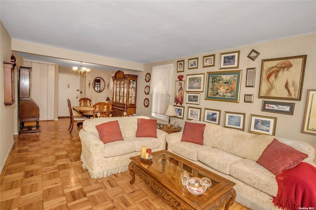 living room with a chandelier