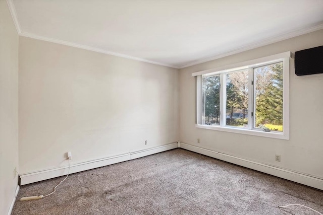 empty room with baseboard heating, ornamental molding, and carpet floors