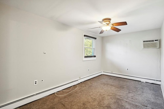 unfurnished room featuring baseboard heating, a ceiling fan, carpet, and a wall unit AC