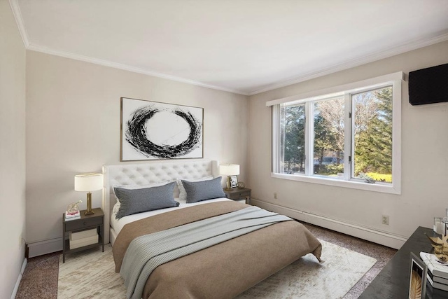 bedroom with crown molding, baseboard heating, baseboards, and carpet floors