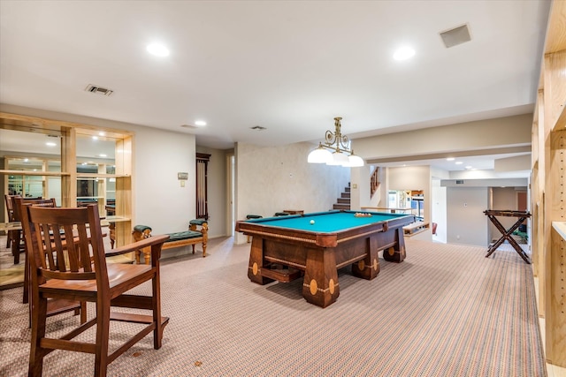 game room with light colored carpet, billiards, visible vents, and recessed lighting