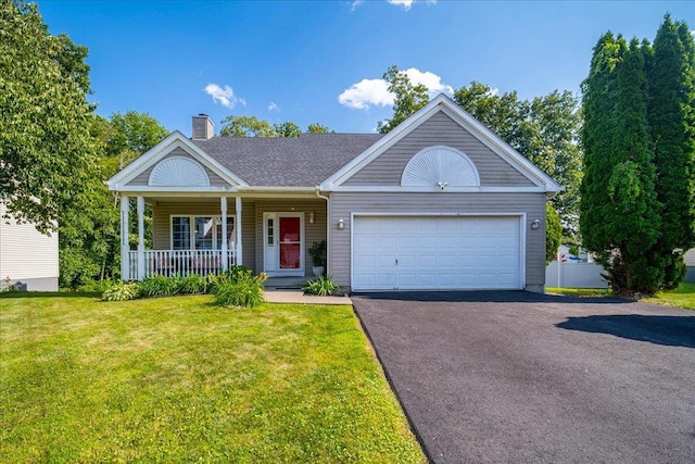 10 Lyford Ln, Poughkeepsie, NY 12601 - view of front of house with asphalt driveway, a chimney, covered porch, an attached garage, and a front yard
