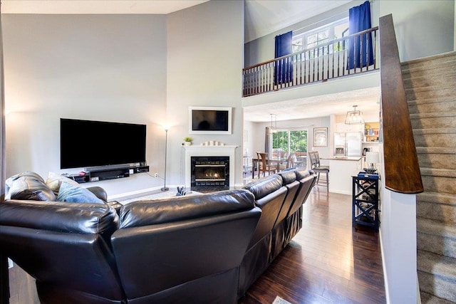 10 Lyford Ln, Poughkeepsie, NY 12601 - living room featuring dark wood-type flooring, a high ceiling, and a premium fireplace