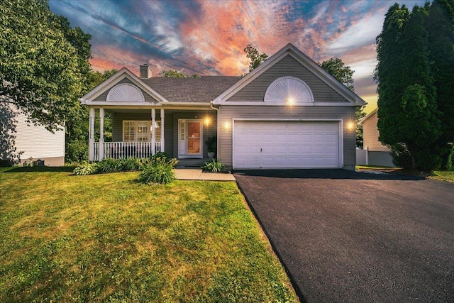10 Lyford Ln, Poughkeepsie, NY 12601 - ranch-style house featuring driveway, a porch, an attached garage, a lawn, and a chimney