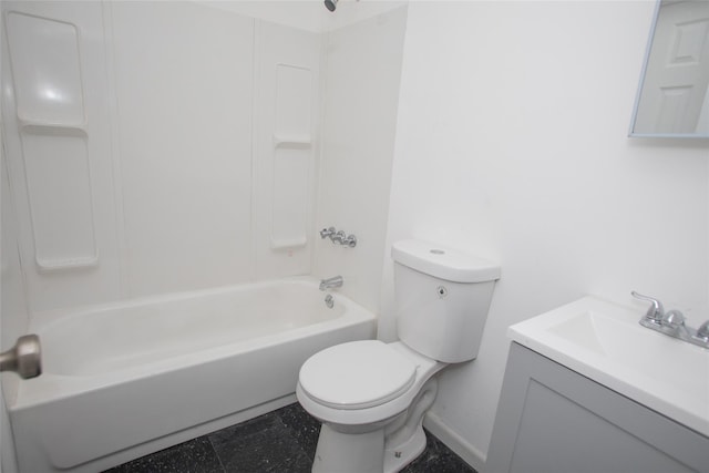 full bathroom with shower / bathing tub combination, baseboards, toilet, and vanity