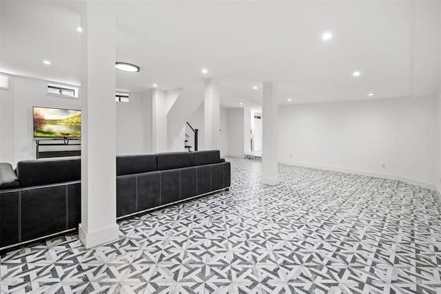 living room with stairway, recessed lighting, and baseboards