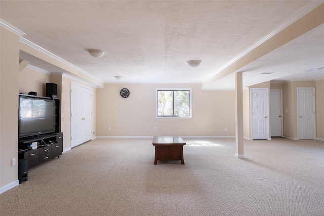 interior space featuring light colored carpet, baseboards, and ornamental molding