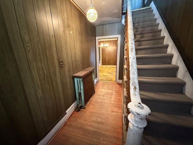 stairway with wood walls and wood finished floors