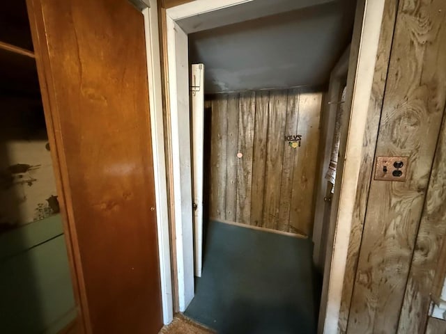 hallway featuring wood walls