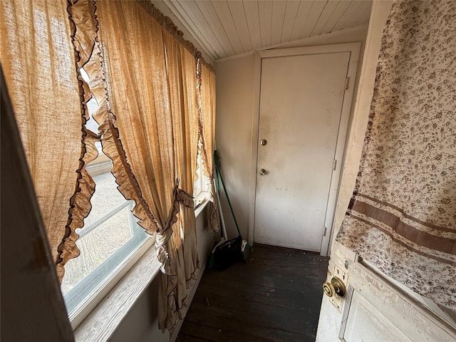 119 Verplanck Ave, Beacon, NY 12508 - hallway featuring dark wood-style floors, wallpapered walls, and wooden ceiling