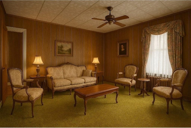 119 Verplanck Ave, Beacon, NY 12508 - living area featuring a ceiling fan, carpet, and wooden walls
