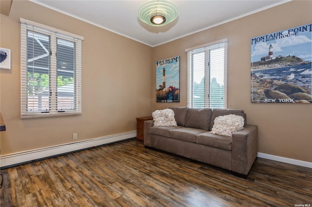 living area with a wealth of natural light, a baseboard heating unit, ornamental molding, and dark wood finished floors