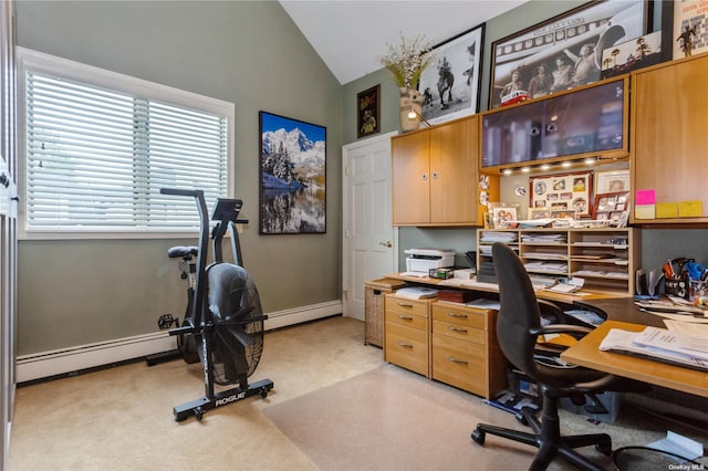 office area featuring a baseboard heating unit, lofted ceiling, baseboards, and light carpet