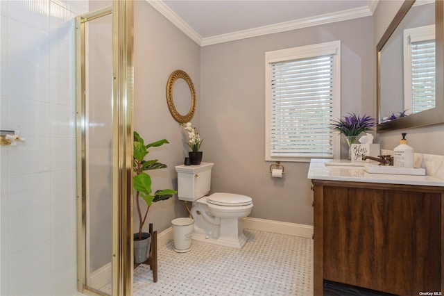 full bath featuring a shower stall, crown molding, baseboards, toilet, and vanity