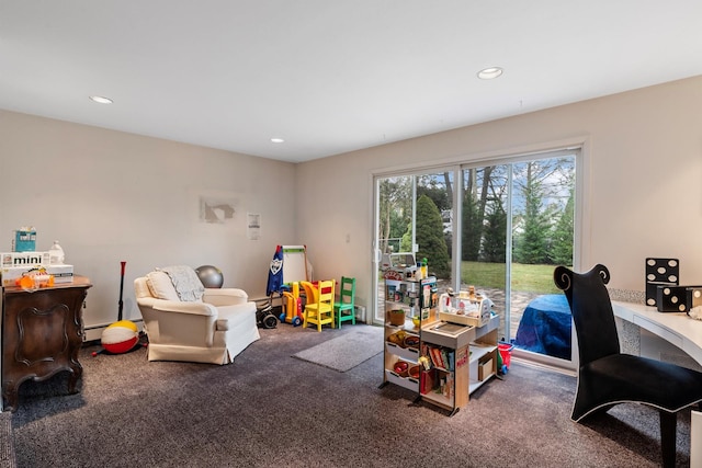 office area with recessed lighting, carpet floors, and a baseboard radiator