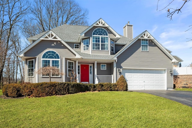 view of front facade with aphalt driveway, a front lawn, roof with shingles, and a chimney