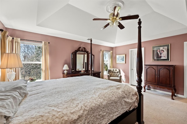 bedroom featuring carpet flooring, a raised ceiling, and multiple windows