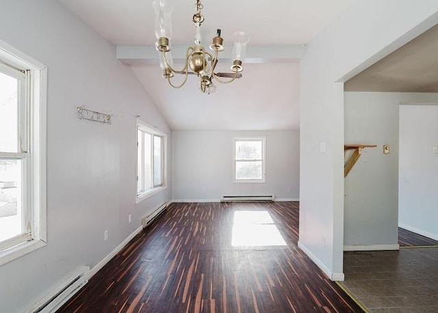 unfurnished dining area with a baseboard heating unit, baseboards, and wood finished floors